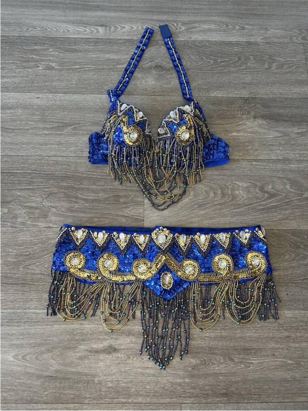 Vintage Royal Blue and Gold Beaded Fringe Two-Piece Costume